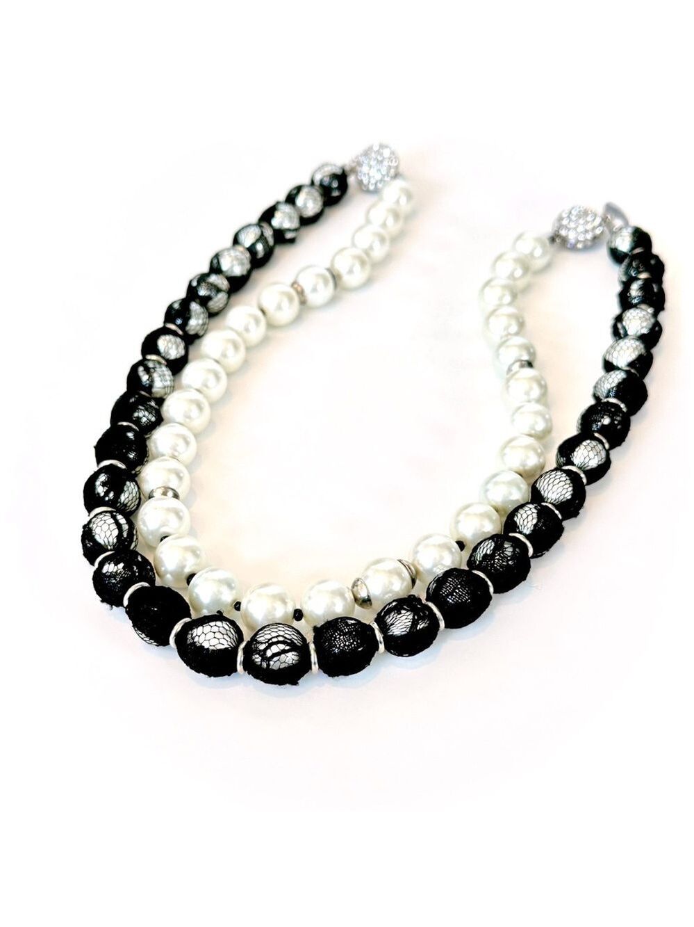 WHBM **2 necklaces in 1** Long Black Lace Wrapped Pearl Necklace - Picture 10 of 16